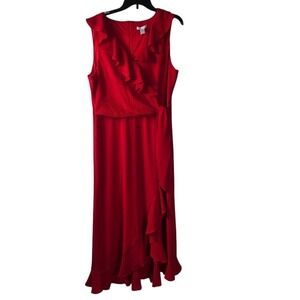 London Times Red Ruffle Wrap Maxi Dress 16 V Neck Women's Holiday